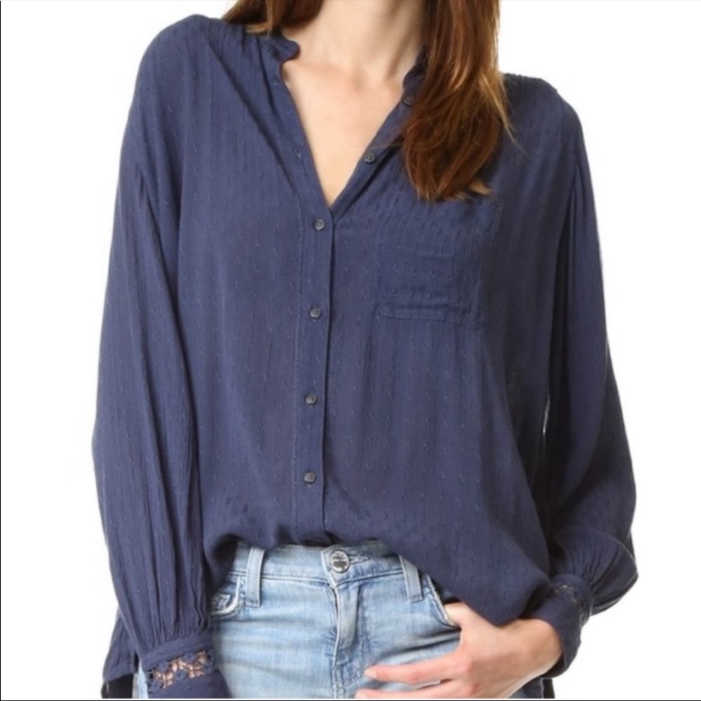 Free People Best Open Back Button Shirt Blouse Top Boho Bohemian Lace Knit